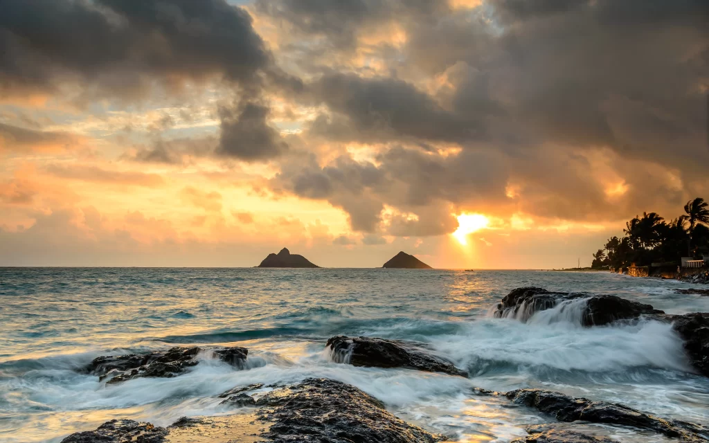 Sunset Clouds Ocean Waves Rocky Shoreline Palm Trees
