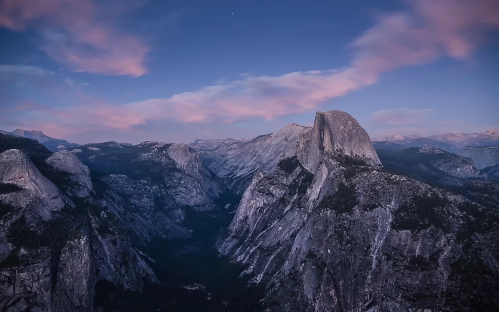 Twilight Pink Clouds Mountain Range Granite Peaks Forest