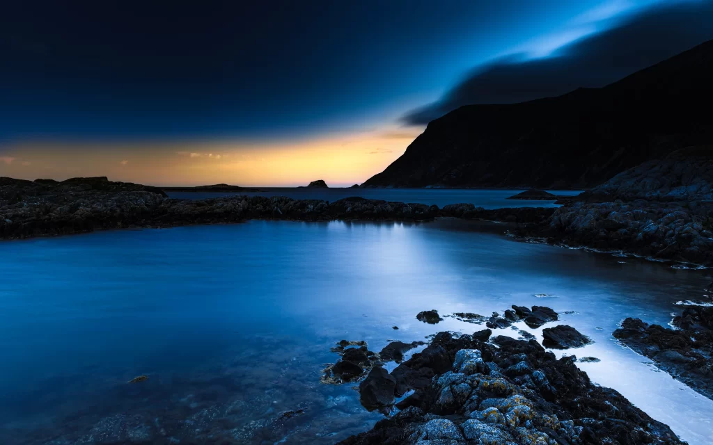 Twilight Blue Sky Mountain Rocks Ocean