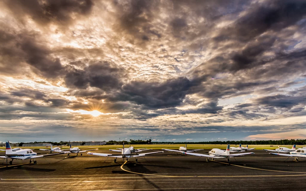 Sunset Clouds Airplanes Runway Airport Sky
