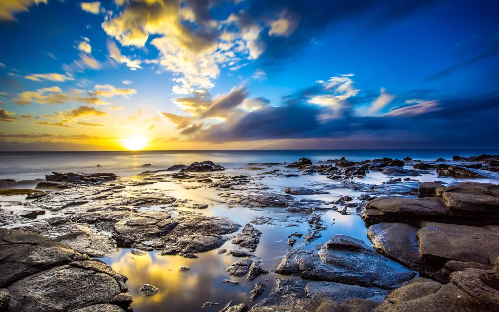 Sunset Clouds Ocean Rocks Reflection