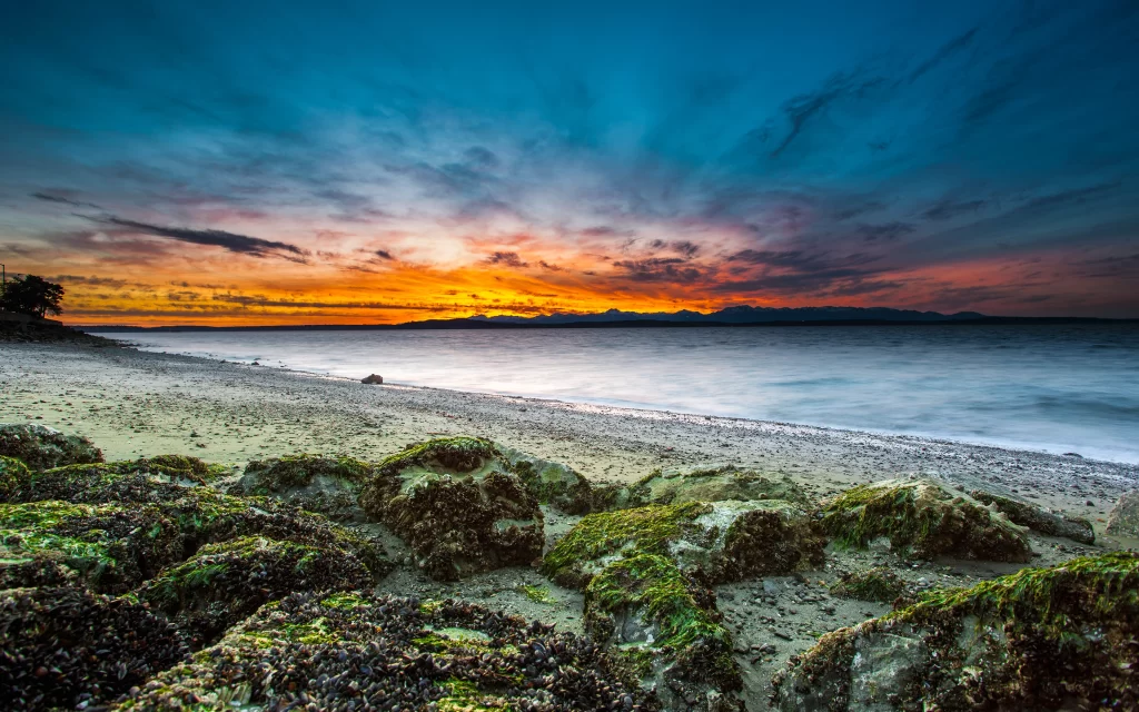 Sunset Orange Clouds Ocean Waves Rocky Shoreline