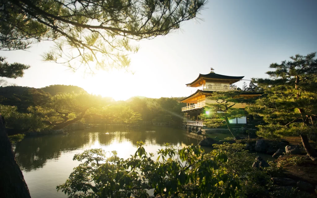 Golden Pavilion Temple Sunlight Trees Water Reflection Traditional Architecture