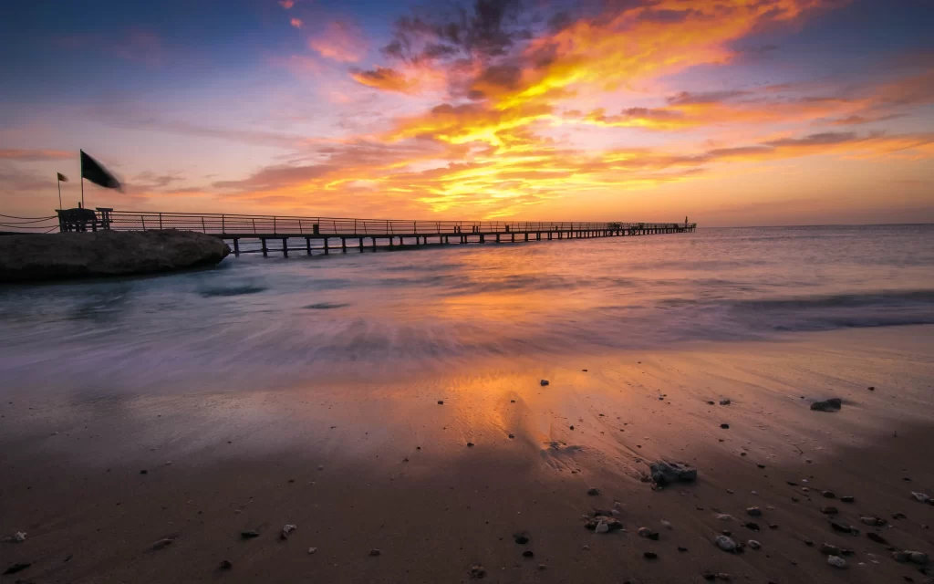 Sunset Orange Clouds Pier Ocean Reflection