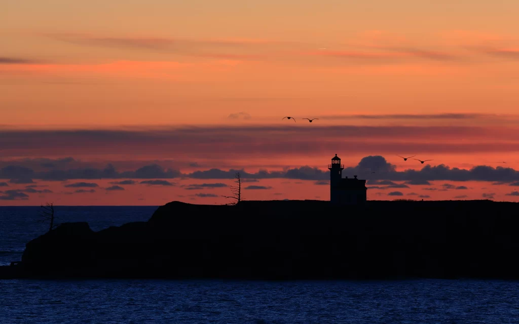 Sunset Orange Clouds Lighthouse Sea Birds Silhouette