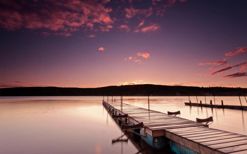 Sunset Pink Clouds Lake Dock Reflection Calm Water Silhouette Hills