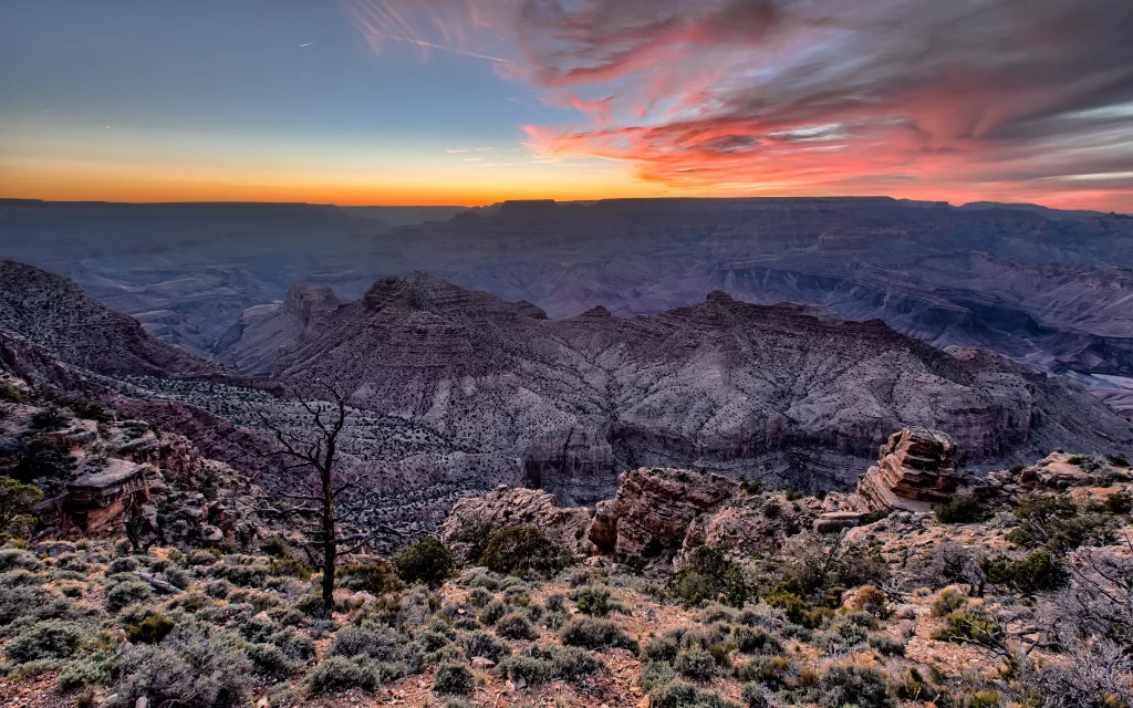 Sunset Canyon Landscape Rocky Terrain Desert Vegetation