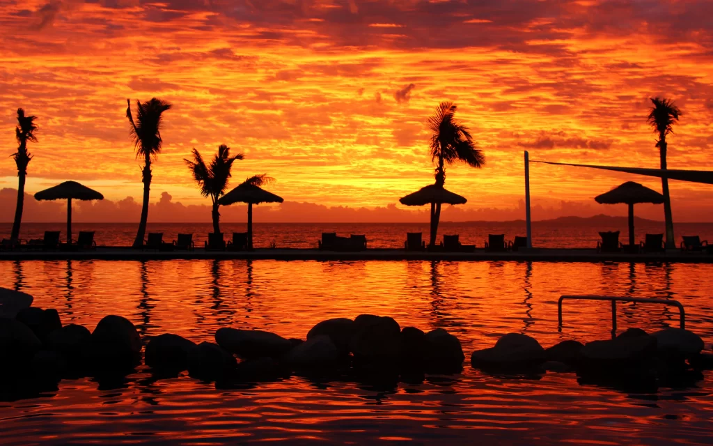 Sunset Orange Clouds Palm Trees Pool Reflection