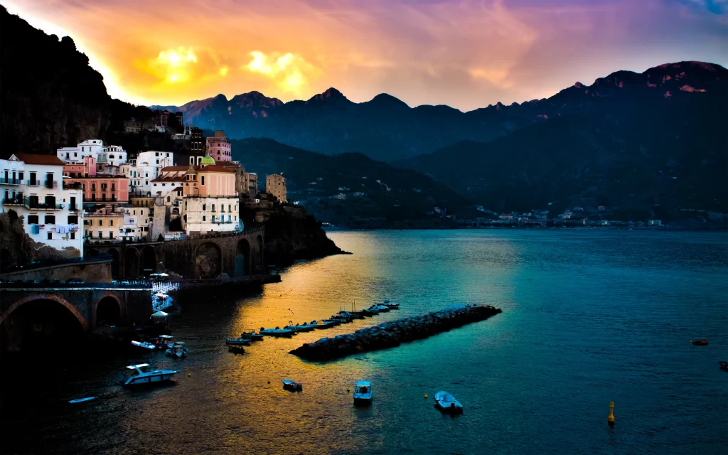 Sunset Mountain Sea Houses Boats