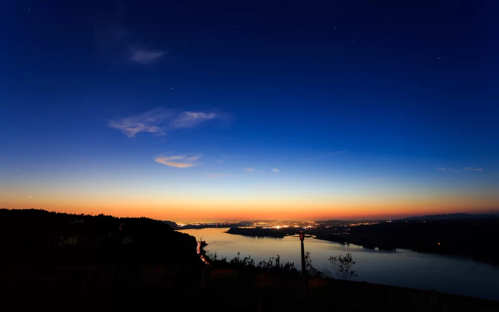 Twilight River City Lights Stars Sky