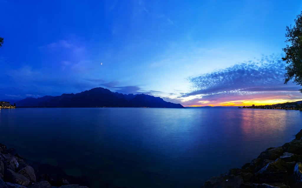 Sunset Mountain Lake Reflections Twilight Sky