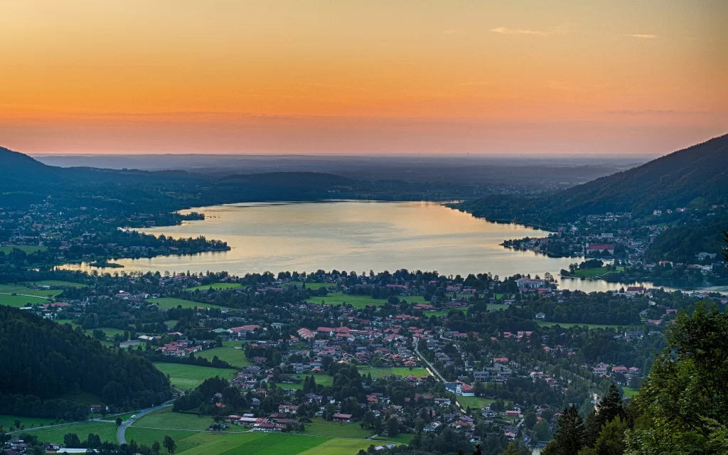 Sunset Orange Sky Lake Reflection Greenery Houses