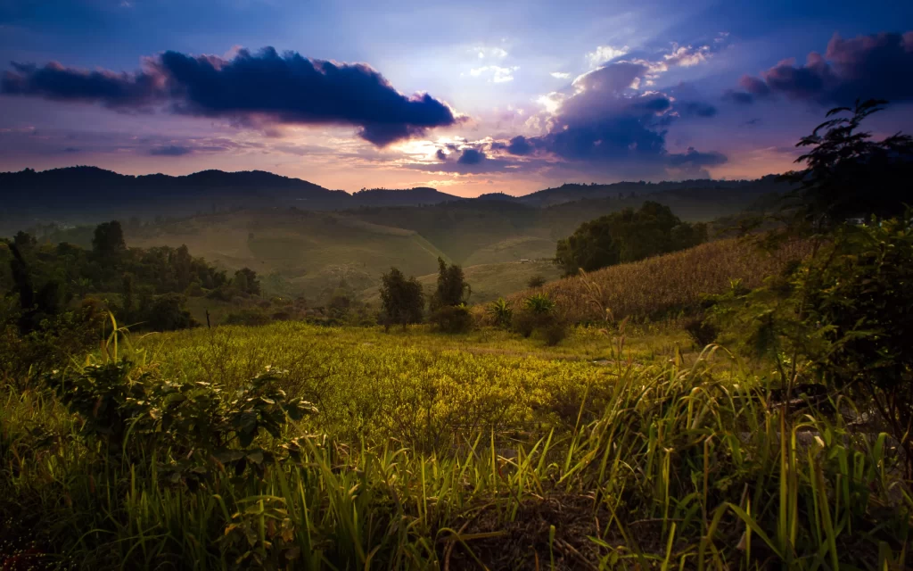 Sunset Clouds Mountain Greenery Landscape Nature