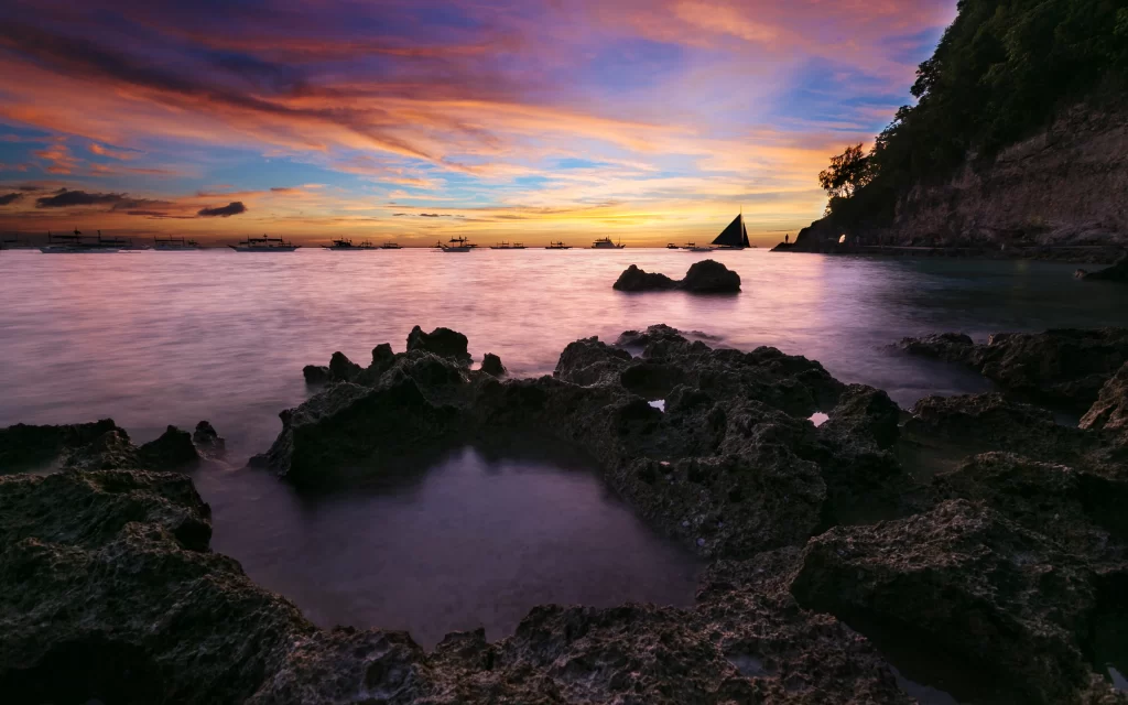 Sunset Ocean Rocks Boats Sky Colors