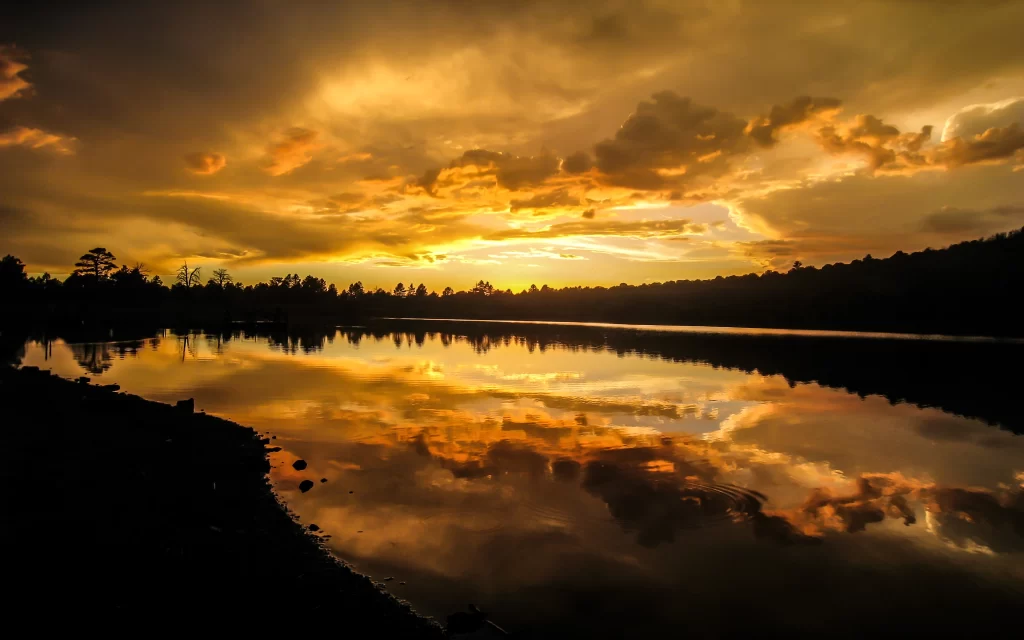 Sunset Orange Clouds Lake Reflection Trees Silhouette