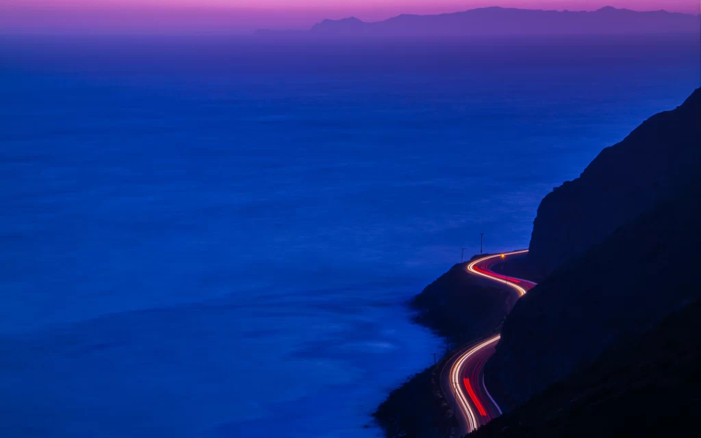 Twilight Ocean Highway Lights Mountains