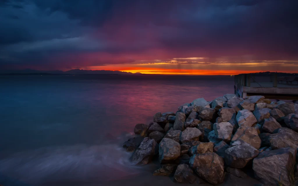Sunset Ocean Rocks Pier Mountains
