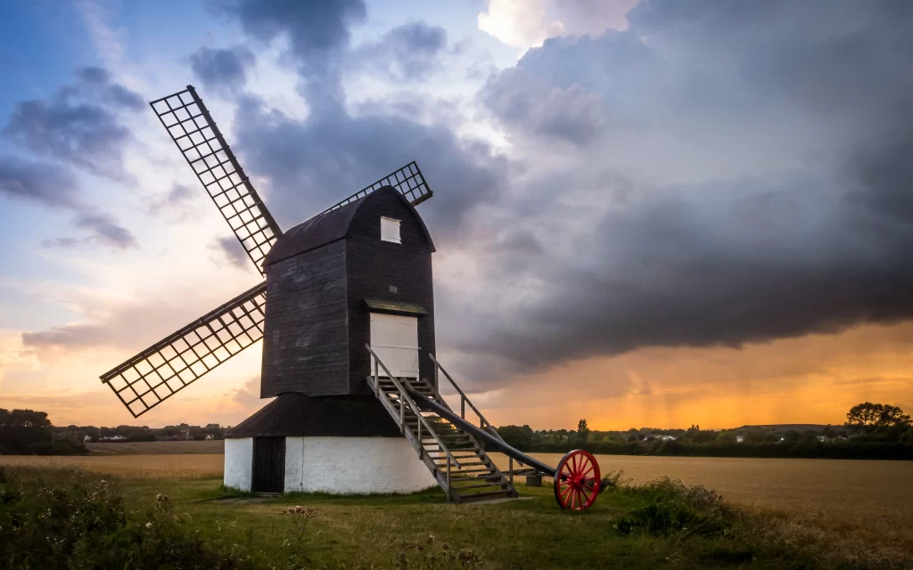 Windmill Cloudy Sky Sunset Rural Landscape Field