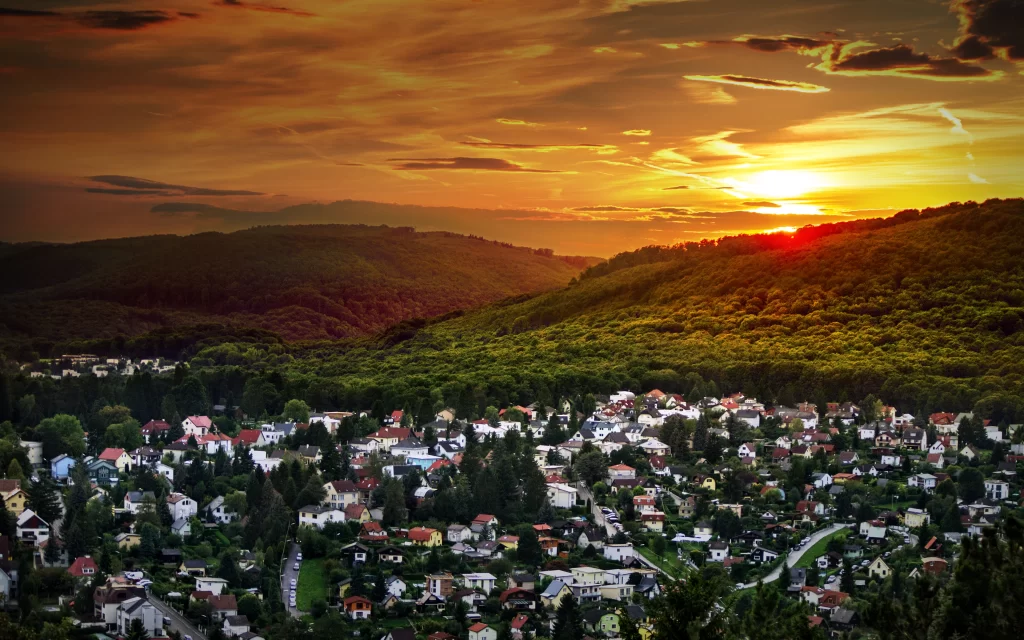 Sunset Golden Sky Rolling Hills Forest Residential Area Scenic View