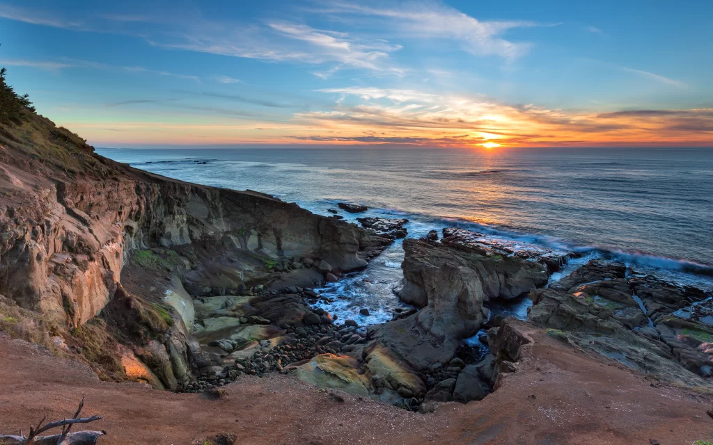 Sunset Ocean Waves Rocky Shoreline Cliff Blue Sky