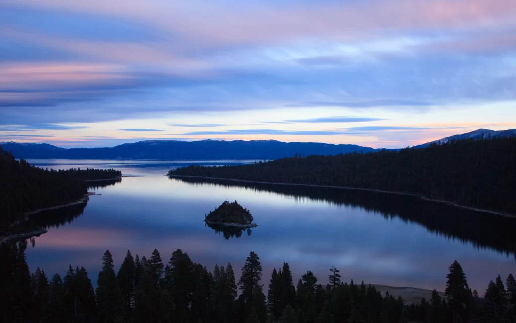 Sunset Pink Clouds Mountain Lake Reflection Silhouette Trees Forest