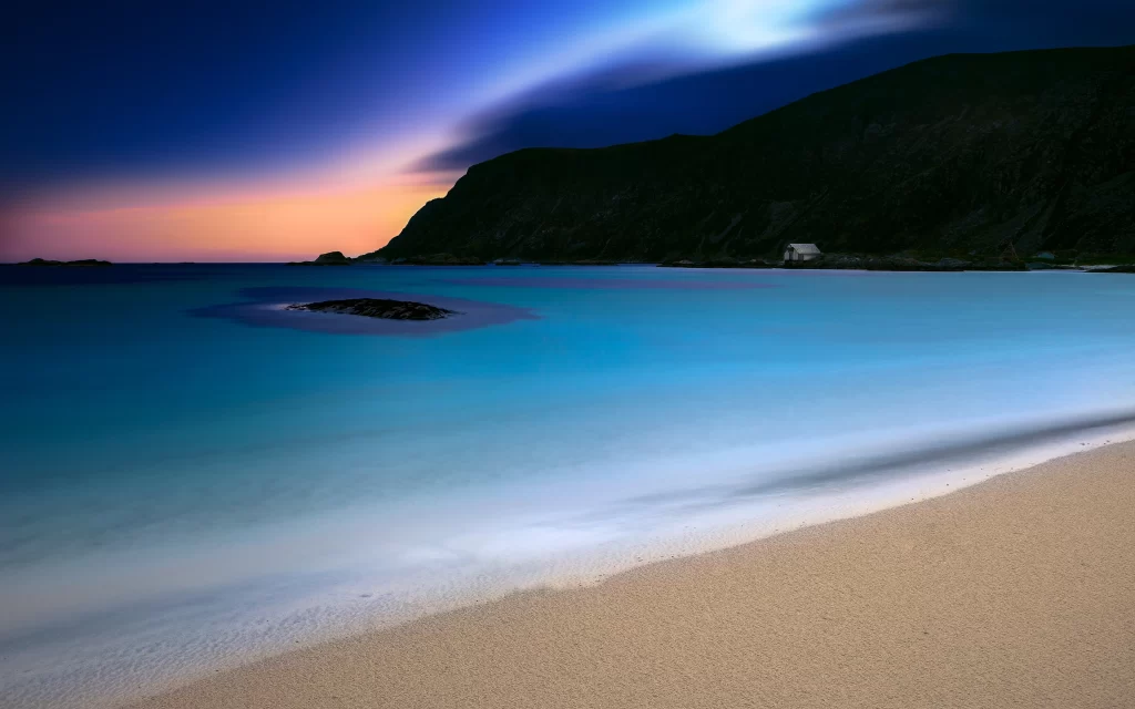 Sunset Ocean Waves Rocky Shore Mountain Reflection