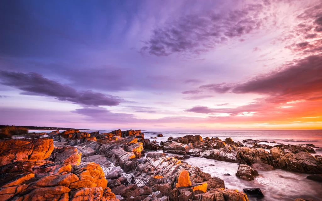 Sunset Orange Clouds Rocky Shore Ocean Waves