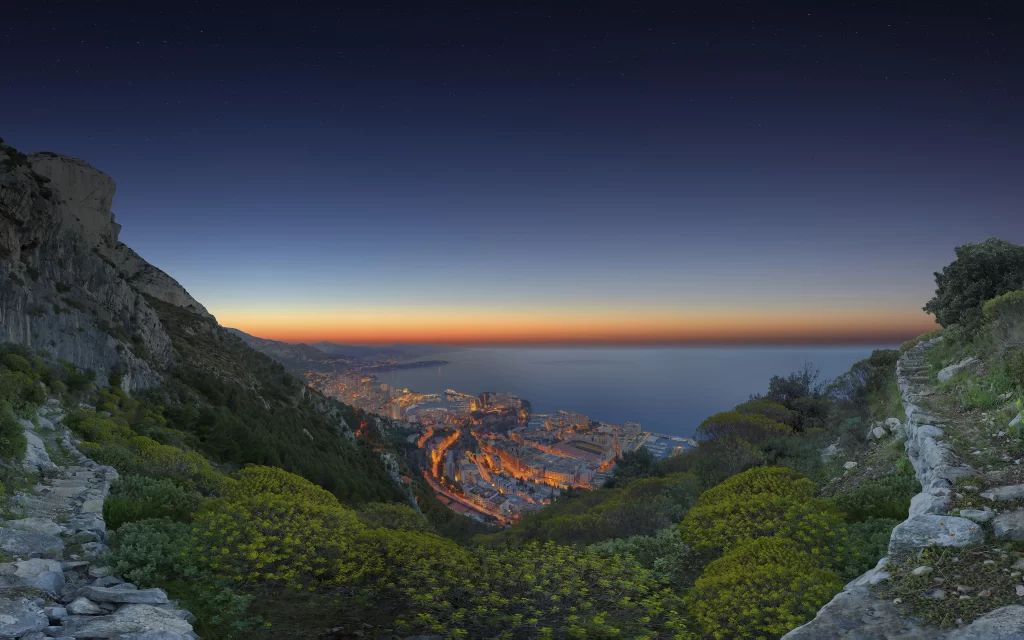 Twilight Cityscape Coastal View Mountainous Terrain
