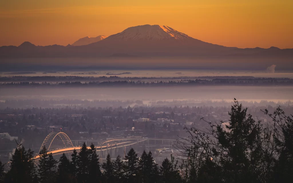 Sunset Mountain Bridge Cityscape Trees Fog