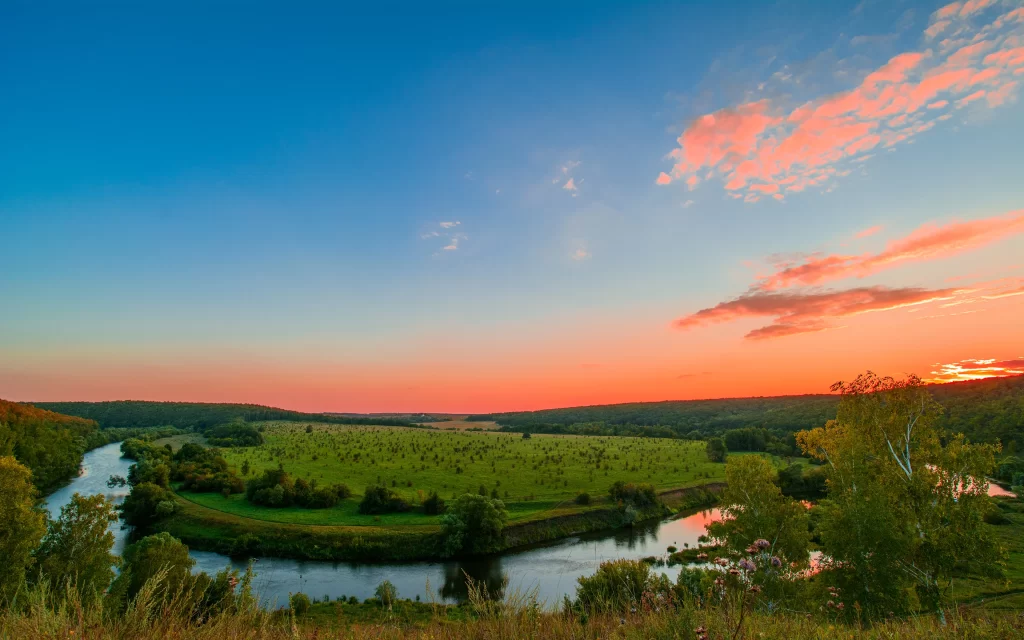 Sunset Orange Clouds River Meadow Trees