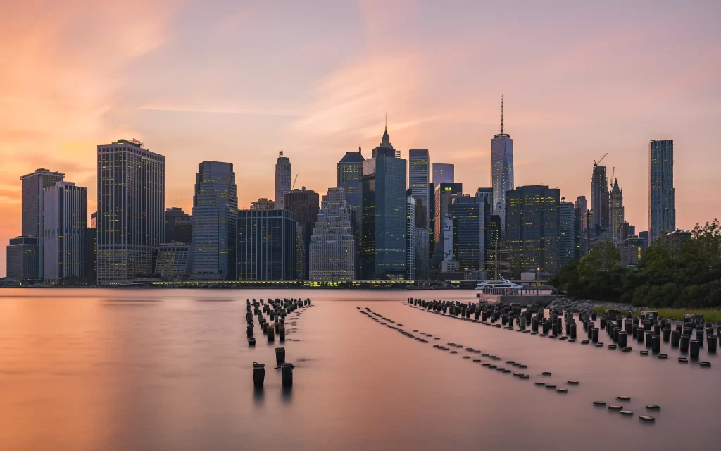 Sunset Cityscape Skyscrapers Water Reflections