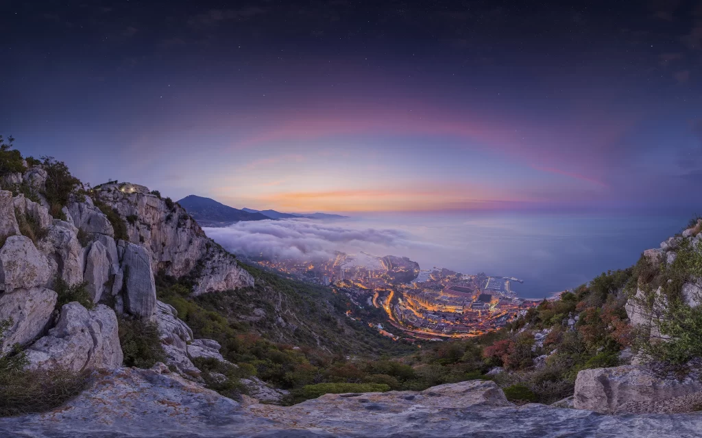 Twilight Cityscape Mountain View Stars Clouds