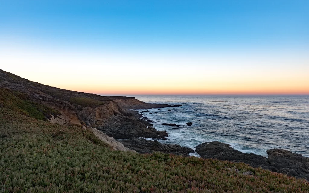 Sunset Ocean Waves Rocky Shoreline Green Vegetation