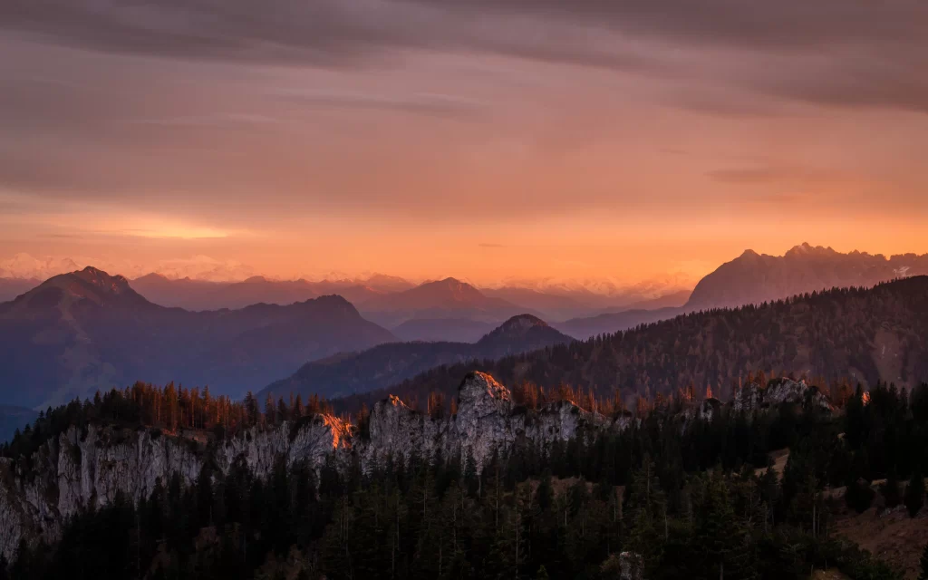 Sunset Mountain Range Forest Peaks Clouds