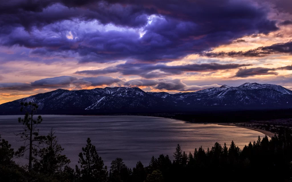 Sunset Purple Clouds Mountain Lake Reflection