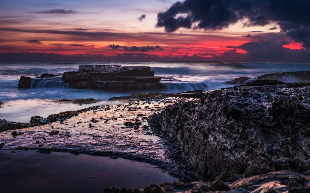 Sunset Ocean Waves Rocky Shore Clouds Reflection