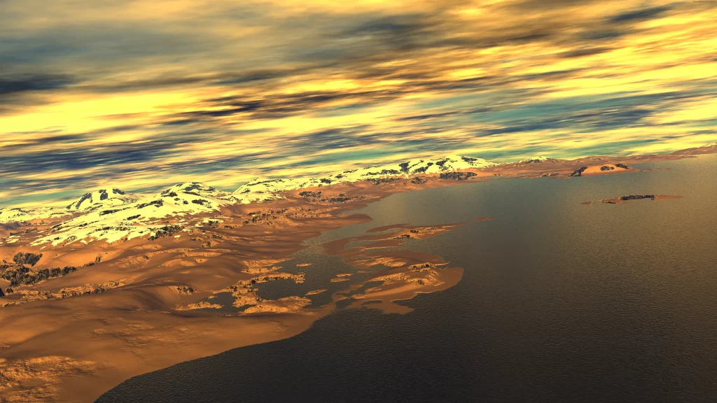 landscape desert mountains water sky clouds