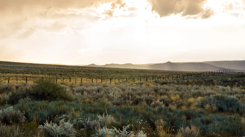 landscape grassland fence sunset clouds mountains