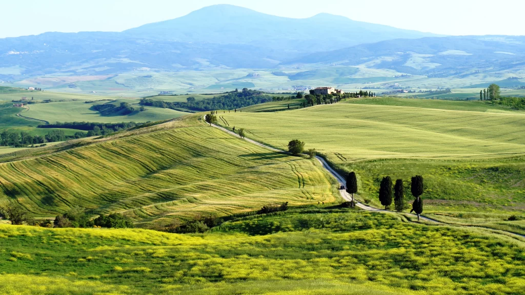 landscape hills green trees road sky