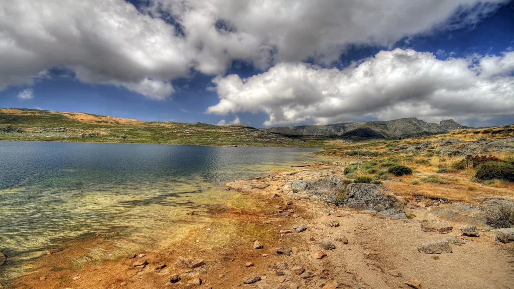 landscape lake mountains sky clouds rocks