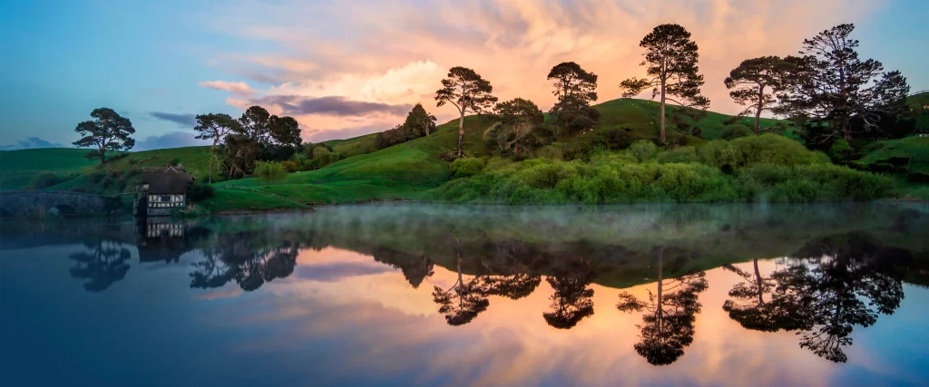 landscape serene nature reflection sunrise mist