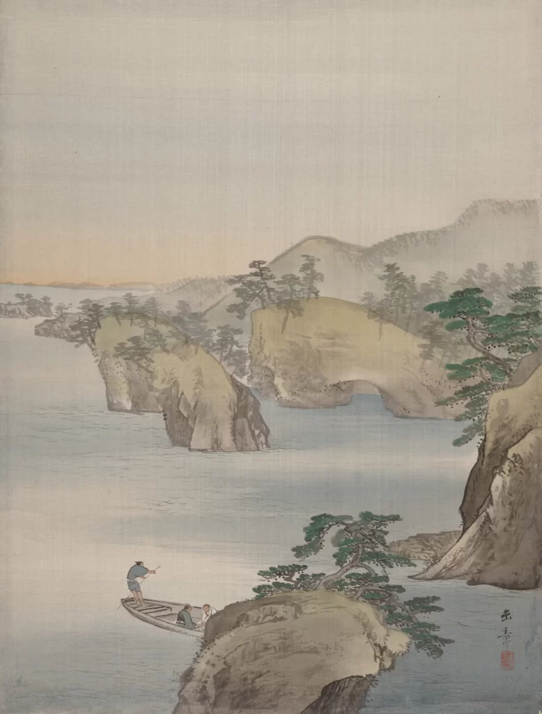 landscape water mountains trees boat Kawabata Gyokusho