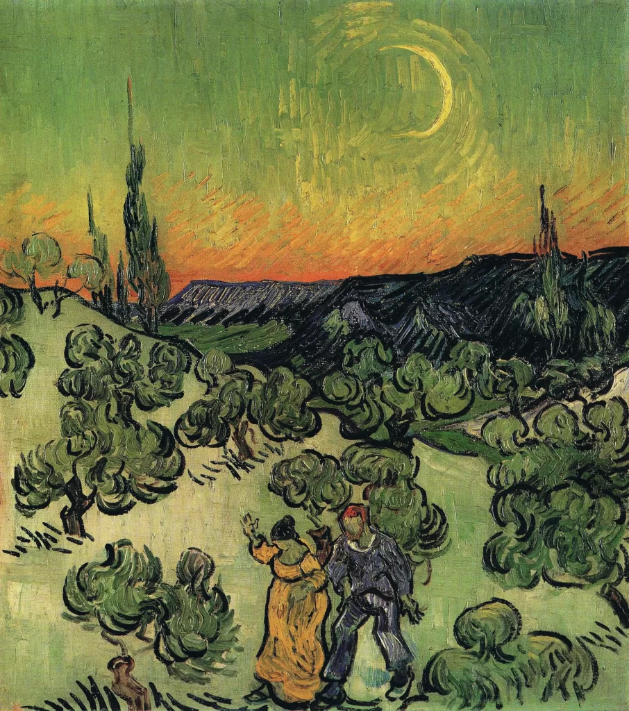 Landscape with Couple Walking and Crescent Moon Van Gogh