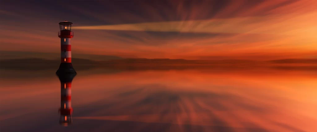 lighthouse sunset reflection calm water sky