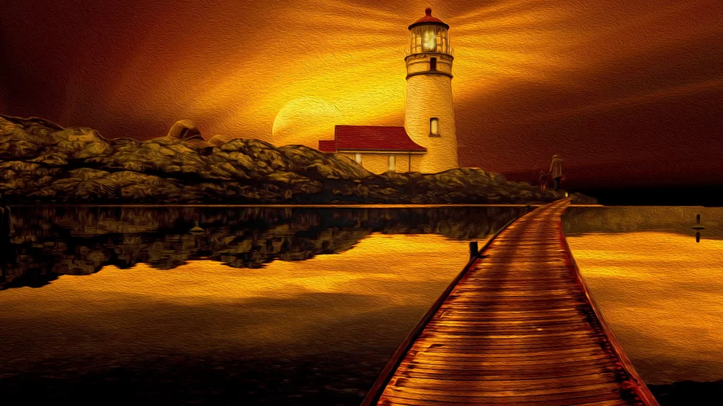 lighthouse sunset water pier rocks reflection