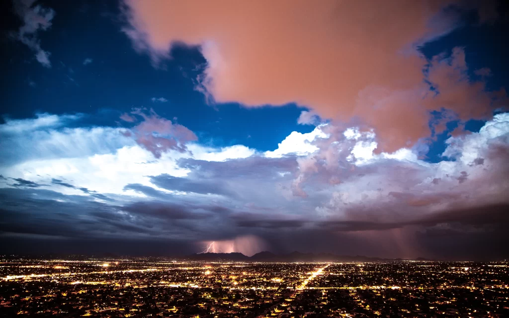 lightning clouds city night storm landscape