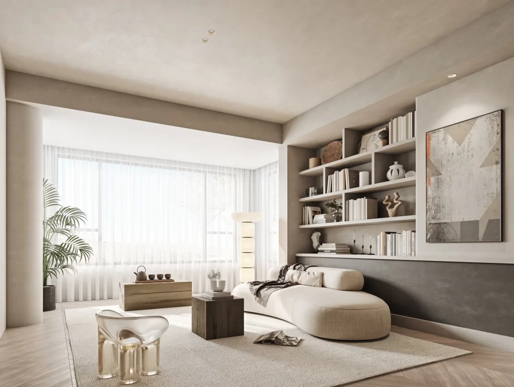 Living Room Neutral Tones Modern Furniture Soft Lighting