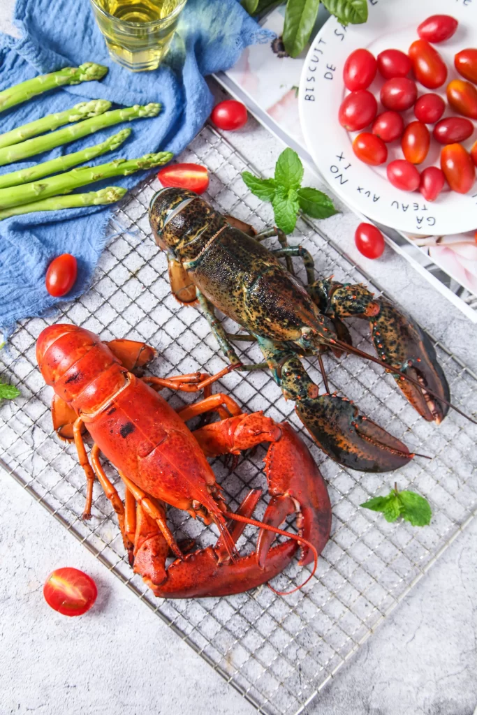 Lobster Red Shell Fresh Green Asparagus Cherry Tomatoes