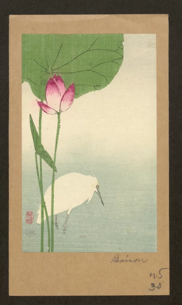 Lotus Flower White Bird Green Leaves Pink Petals Traditional Art Serene