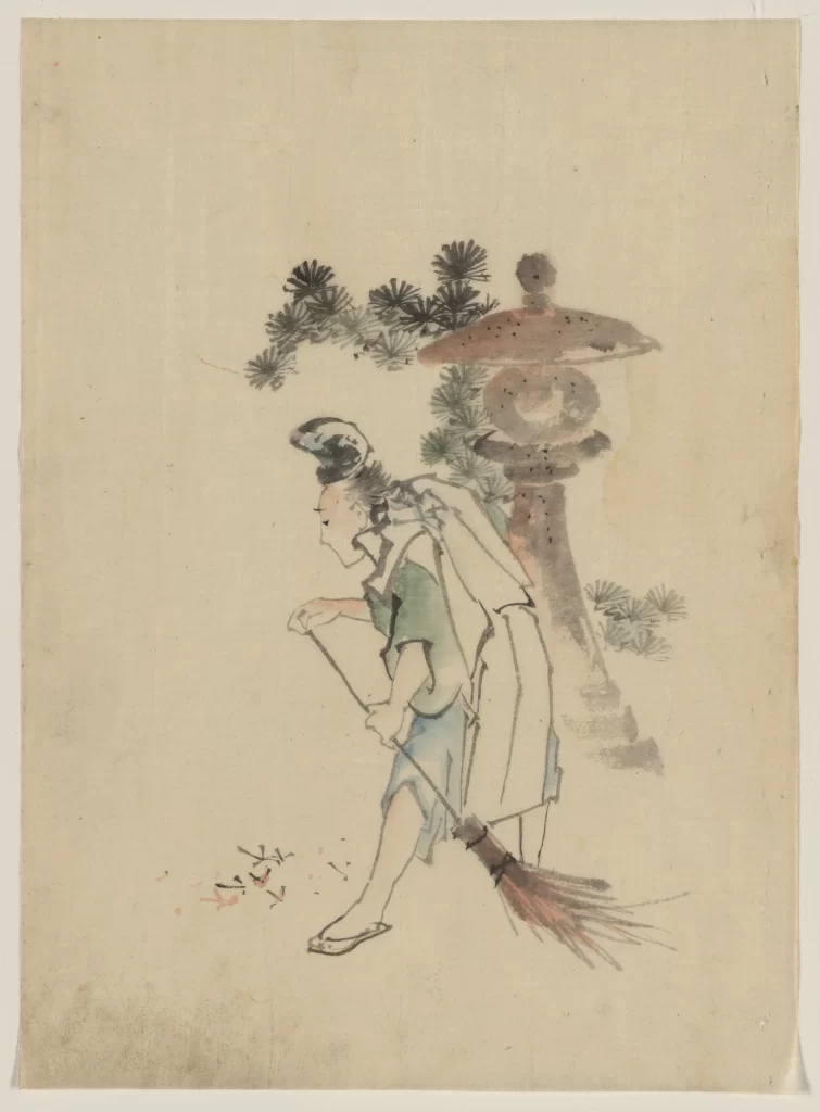 Man Broom Trees Stone Lantern
